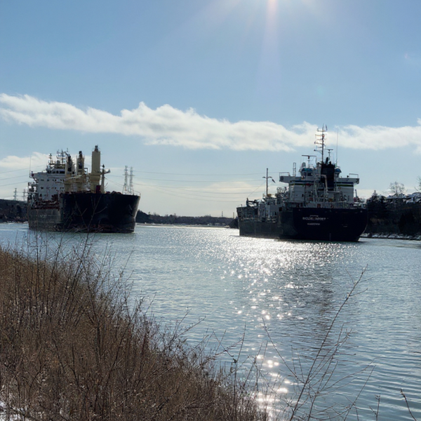Two ships navigating the Welland Canal in Ontario, with sparkling water and a clear sky, representing local attractions for Mystery Day Trips.