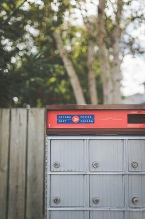 Metal mailbox with Canada Post logo against a blurred natural background. Representing Mystery Day Trips free shipping over $45.