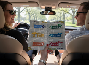 Couple in a car holding a Mystery Day Trips peel-to-reveal card, enjoying a road trip adventure in Ontario.