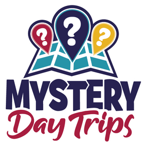 Mystery Day Trips logo featuring colourful location pins with question marks, symbolizing surprise adventures in Ontario