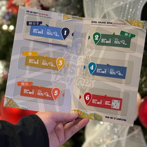 A Mystery Day Trips peel and reveal itinerary card.