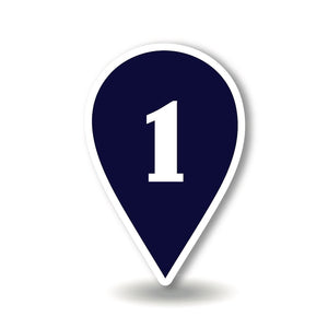 Mystery Day Trips navy map marker with the number 1 on a white background.